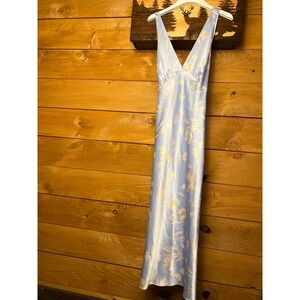 JONES NEW YORK Women Large Blue Floral‎ Satin Maxi Slip Dress Chemise Nightgown